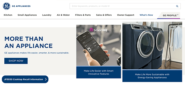 A screenshot of the ge appliances website homepage featuring an advertisement for smart appliances with a tagline "more than an appliance.