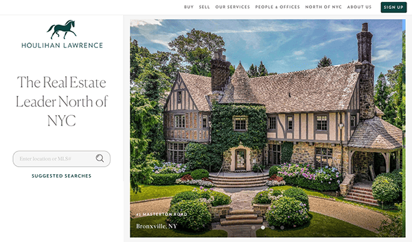 A screenshot of a real estate website featuring an advertisement for a luxurious property with the tagline "the real estate leader north of nyc.
