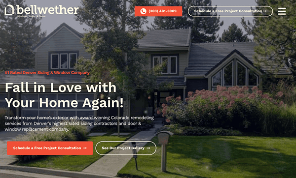 Front view of a house with a siding and window company advertisement overlay, featuring the text "Fall in Love with Your Home Again!" and options to schedule a consultation or see a project gallery.