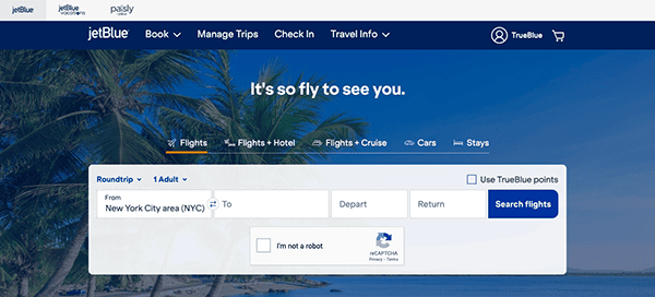Website homepage of jetblue featuring a booking interface with options for flights, hotels, and cars. background shows tropical palm trees with a blue, cloudless sky.
