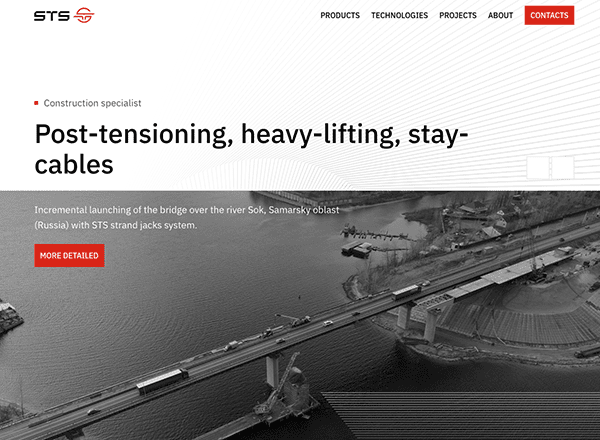 Aerial view of a bridge under construction over a river, with text overlay about post-tensioning and heavy-lifting services by sts.