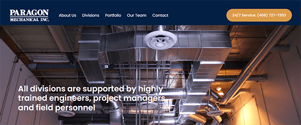 A commercial building's mechanical room with extensive ductwork and ventilation systems, bearing the text, "All divisions are supported by highly trained engineers, project managers, and field personnel.